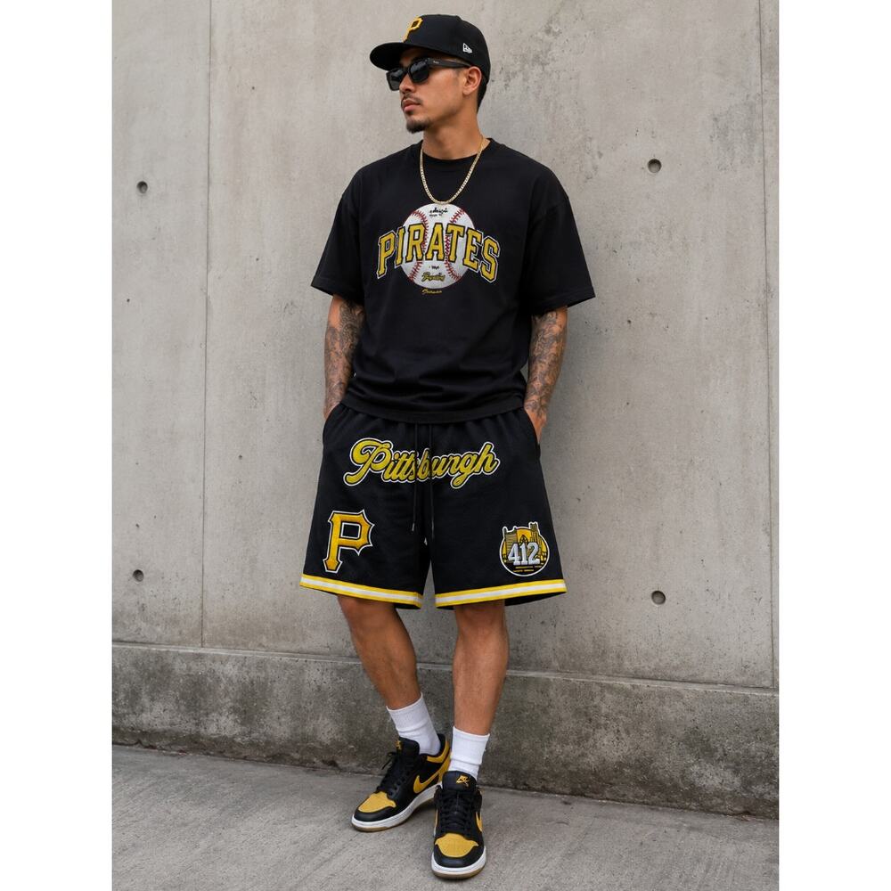 PRO STANDARD Pittsburgh Pirates MLB Woven Shorts 412 Black Yellow Sz L {HH30}
